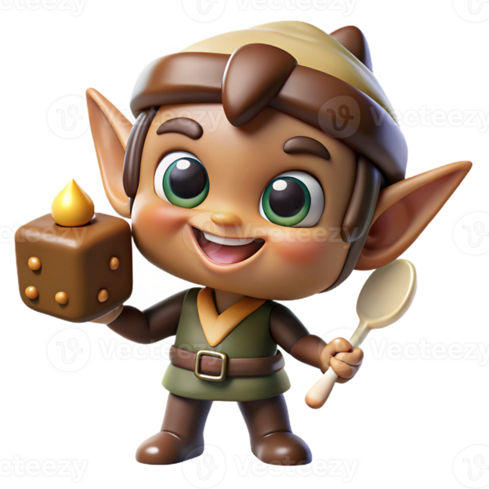 dramatic contemporary A mischievous brownie with pointed ears and a mischievous grin, baking magical treats. Warm lighting, storybook illustration style premium png