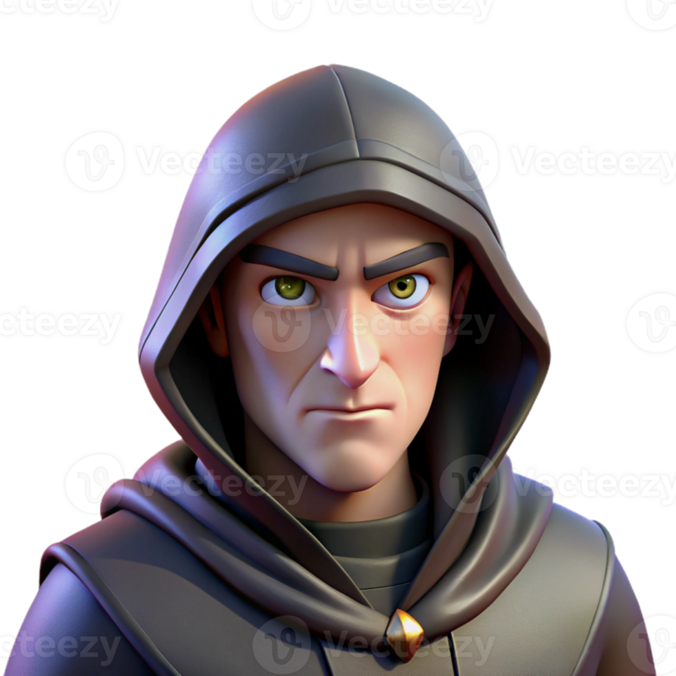 magnificent vintage Portrait of a skilled assassin with a hooded cloak, a hidden blade, and a cold stare. Low-key lighting with a single spotlight professional png