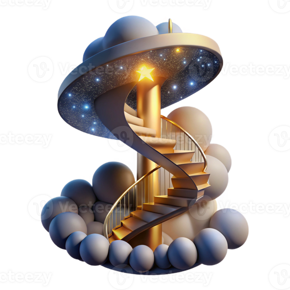 wonderful traditional A spiral staircase ascending into a swirling vortex of clouds and stars, illuminated by a celestial glow, Surrealism style high quality png