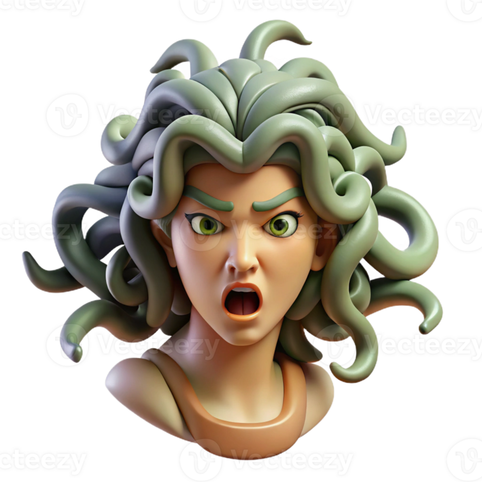 extraordinary classic A stoic Medusa, her hair a writhing mass of venomous snakes, turning a warrior to stone. Dramatic, theatrical lighting. Neoclassical style original png