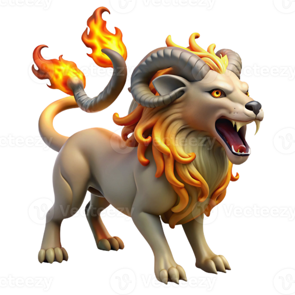 dramatic artistic A fierce chimera breathing fire, composed of a lion, goat, and serpent, illuminated by the flames. Baroque style genuine png