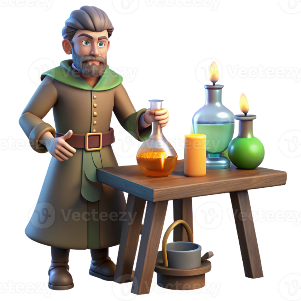 impressive modern A medieval alchemist works in his laboratory, flickering candlelight, fantasy painting style premium png
