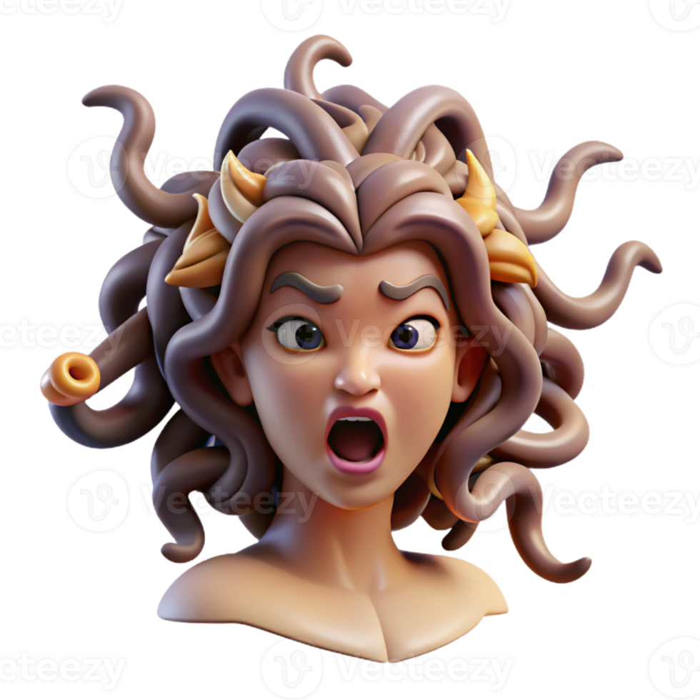 magnificent minimalist A stoic Medusa, her hair a writhing mass of venomous snakes, turning a warrior to stone. Dramatic, theatrical lighting. Neoclassical style authentic png