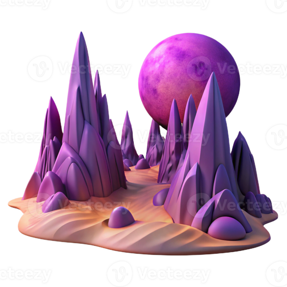 magnificent classic A desolate alien landscape, jagged purple rock formations under a double sunset, two moons visible, retrofuturistic style, matte painting detailed png