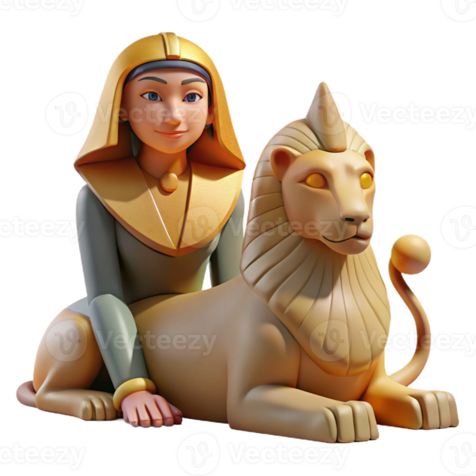 elegant rustic A wise Sphinx with the body of a lion and the head of a woman, posing a riddle in the desert, lit by the harsh midday sun, in a symbolic, ancient Egyptian style genuine png