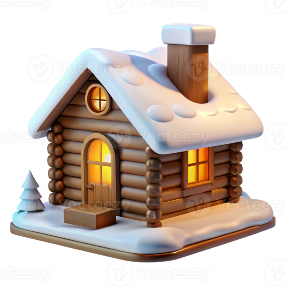 elegant artistic Log cabin, rustic design, snow-covered landscape, warm interior lighting, cozy atmosphere high quality png