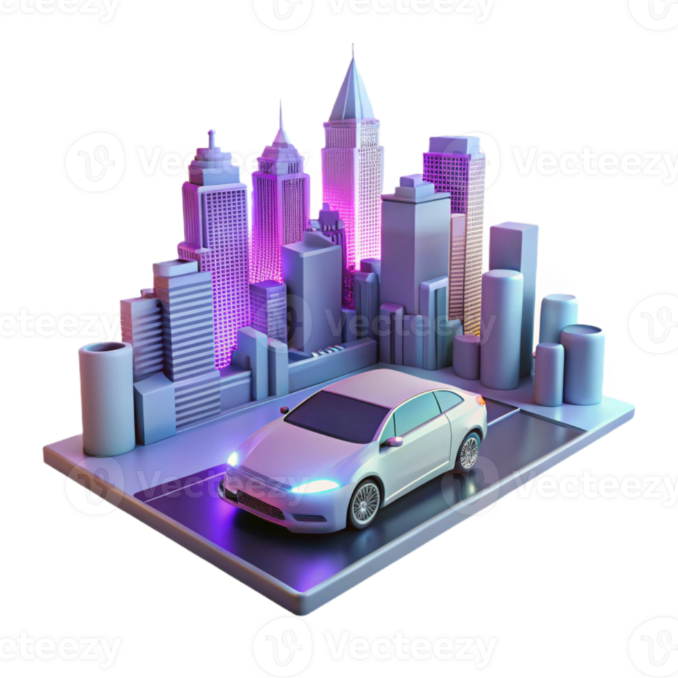 vibrant vintage A self-driving car navigating a futuristic cityscape, neon lighting, cinematic style original png