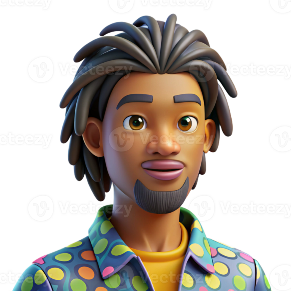 elegant artistic Portrait of a young man with dreadlocks and a thoughtful gaze, wearing a colorful patterned shirt. Soft, diffused lighting. Style art professional png