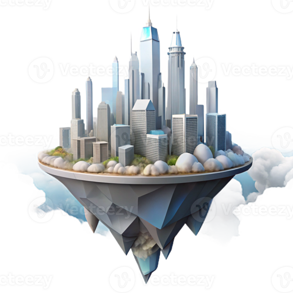 wonderful rustic Floating island city, futuristic skyscrapers, clouds below, aerial perspective, dreamlike atmosphere, digital painting 4K png