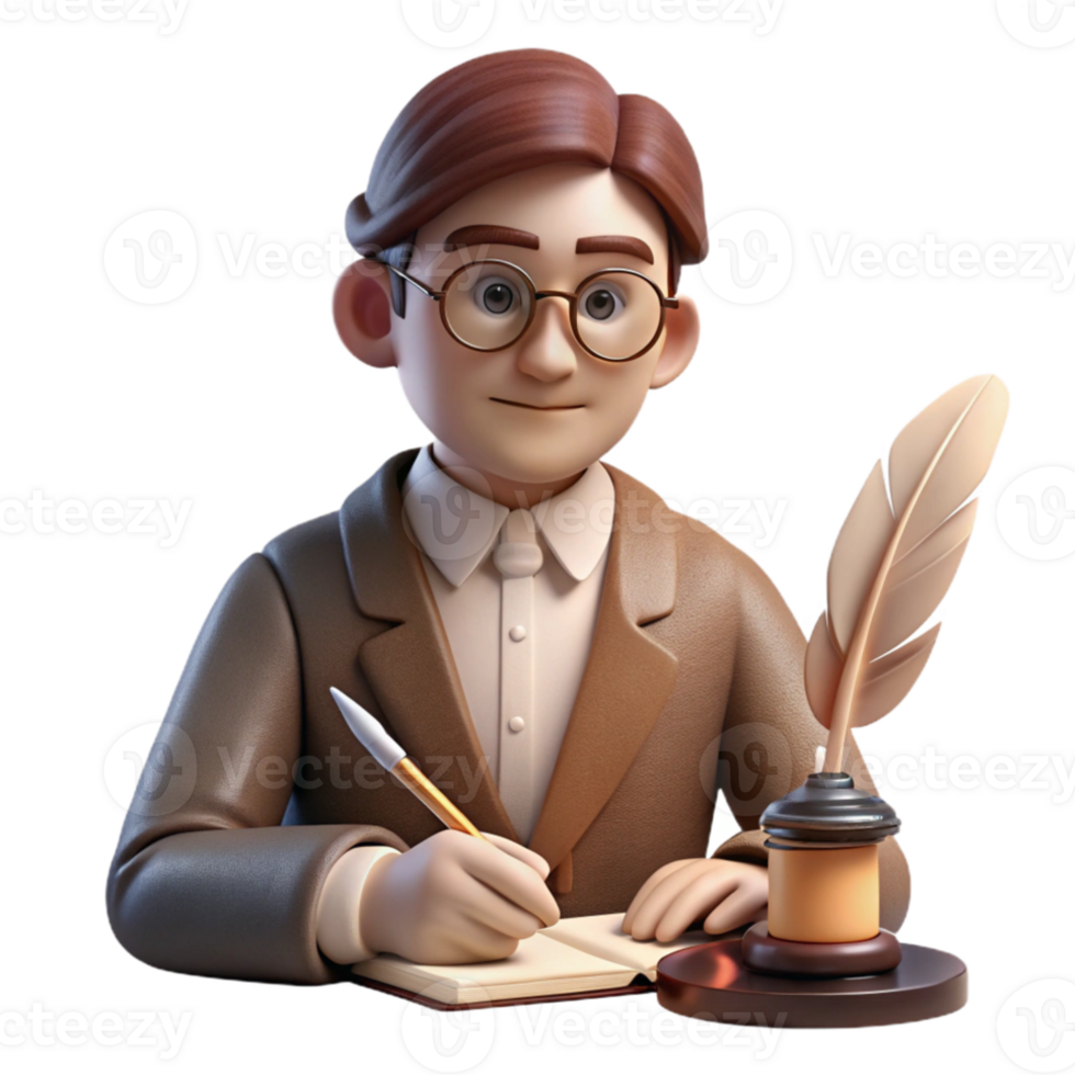 dramatic rustic Portrait of a pensive writer with spectacles and a quill pen, lit by a warm desk lamp, in a vintage literary style high resolution png