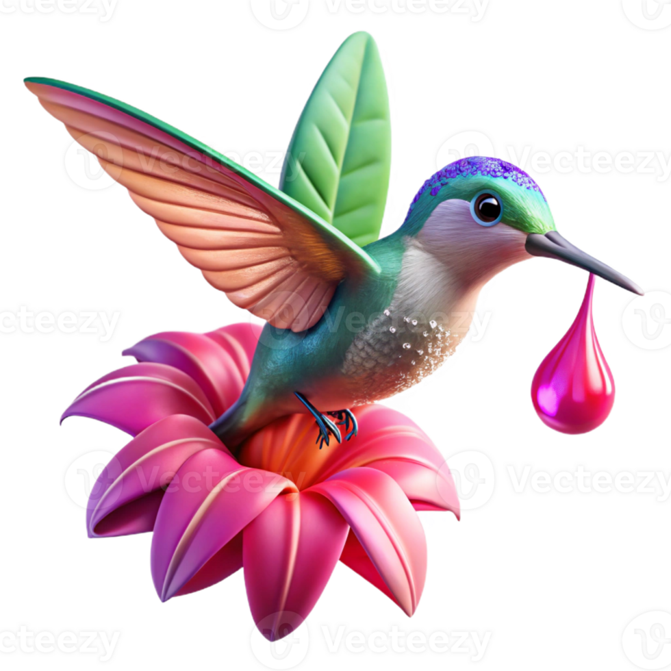 elegant abstract A tiny hummingbird hovering over a vibrant fuchsia flower, dew drops sparkling in the morning sun, macro photography style high resolution png