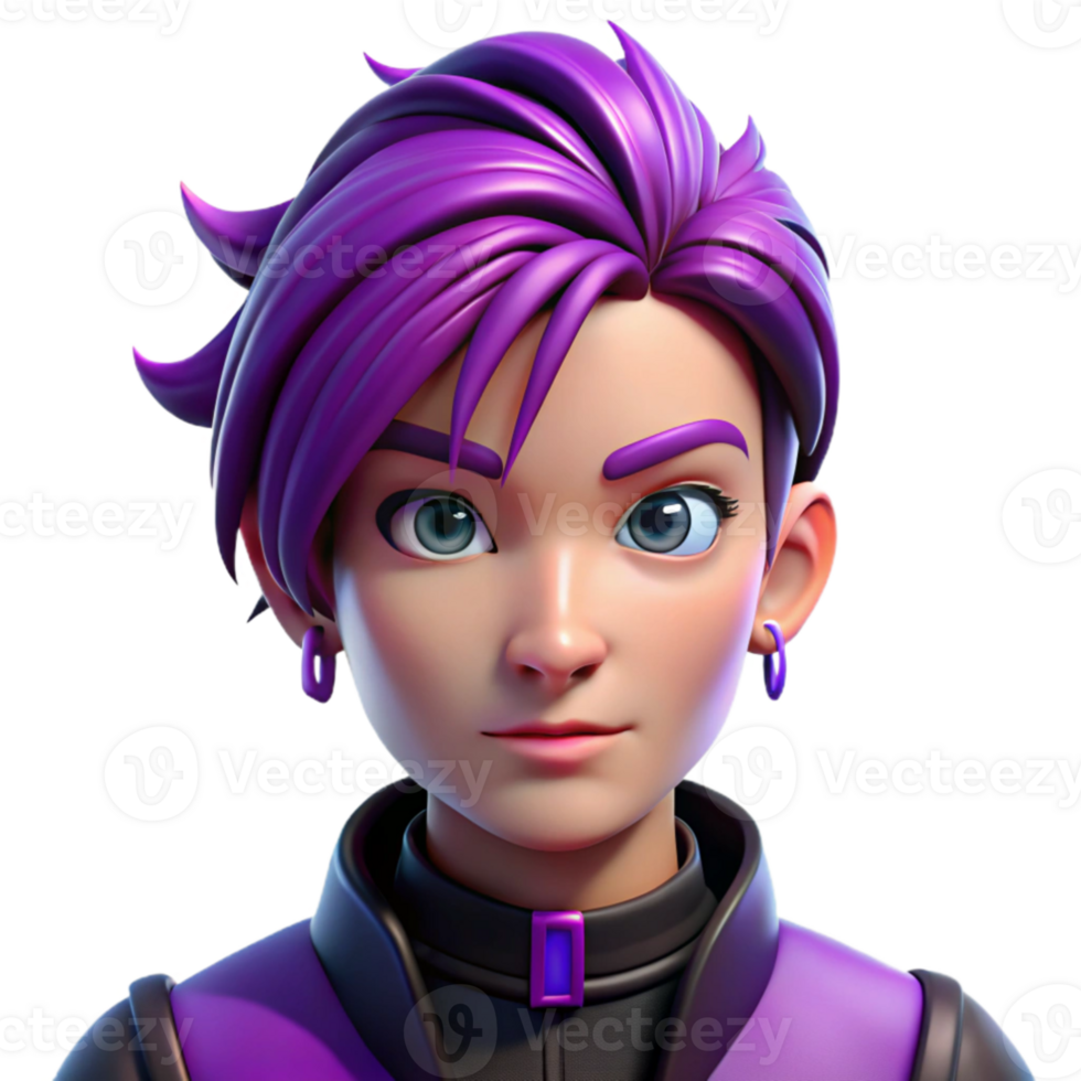 wonderful artistic Portrait of a non-binary person with vibrant purple hair styled in an undercut, multiple piercings, and a defiant expression. Neon cyberpunk lighting. Style graphic novel 4K png