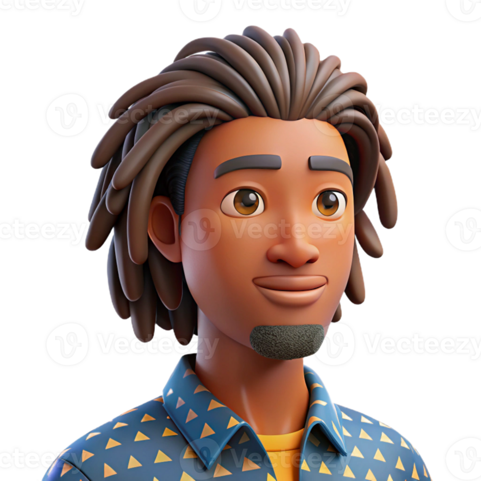 serene classic Portrait of a young man with dreadlocks and a thoughtful gaze, wearing a colorful patterned shirt. Soft, diffused lighting. Style art 4K png