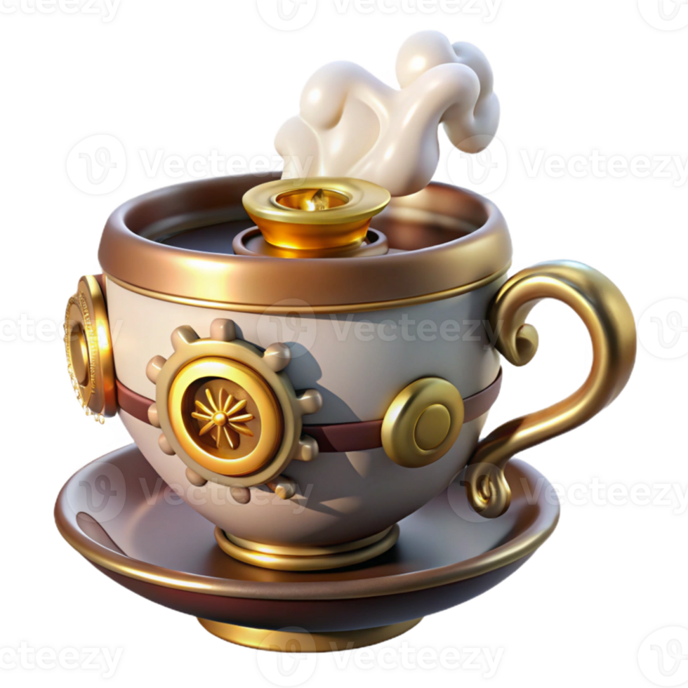 serene classic A whimsical steampunk teacup, porcelain with brass accents and gears, steam rising from the hot tea, warm, inviting lighting original png