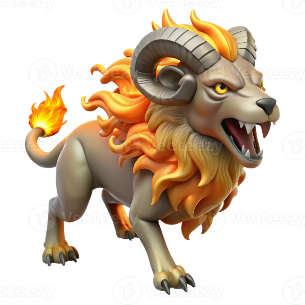 elegant vintage A fierce chimera breathing fire, composed of a lion, goat, and serpent, illuminated by the flames. Baroque style high quality png