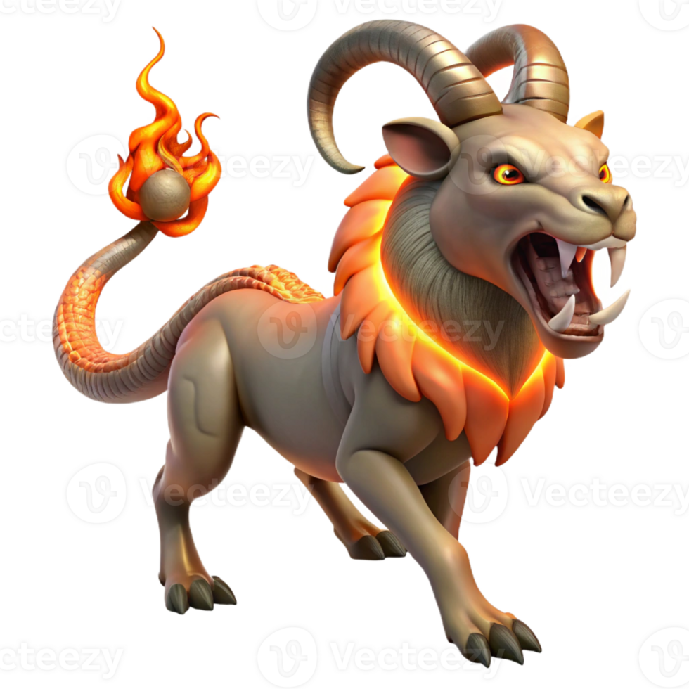 vibrant rustic A fearsome chimera with a lion's head, a goat's body, and a serpent's tail, breathing fire, lit by the orange glow of the flames, in a medieval tapestry style authentic png
