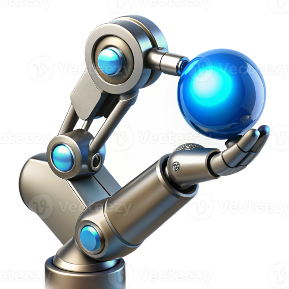 stunning creative A sleek, chrome robotic arm delicately holding a glowing blue orb, studio lighting, hyperrealistic style professional png