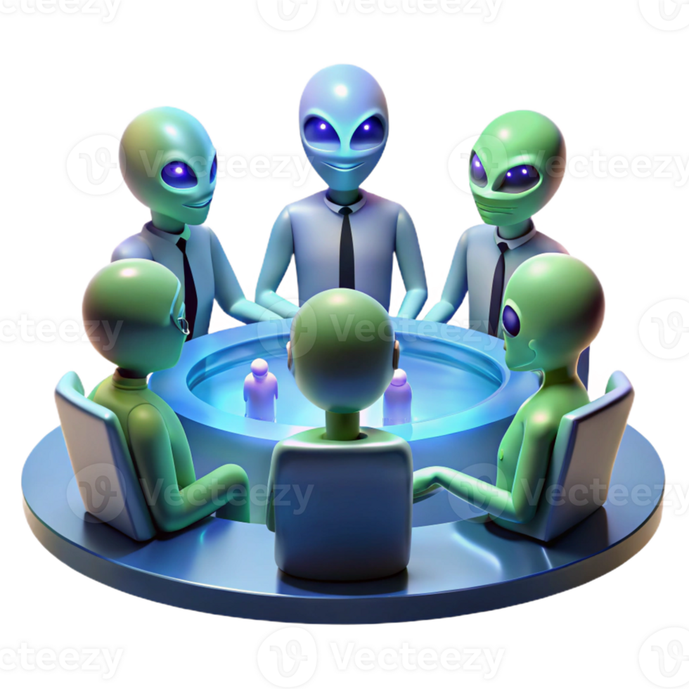 elegant contemporary A group of alien diplomats gathered around a holographic table, diverse and exotic designs, formal and dignified, photorealistic style original png