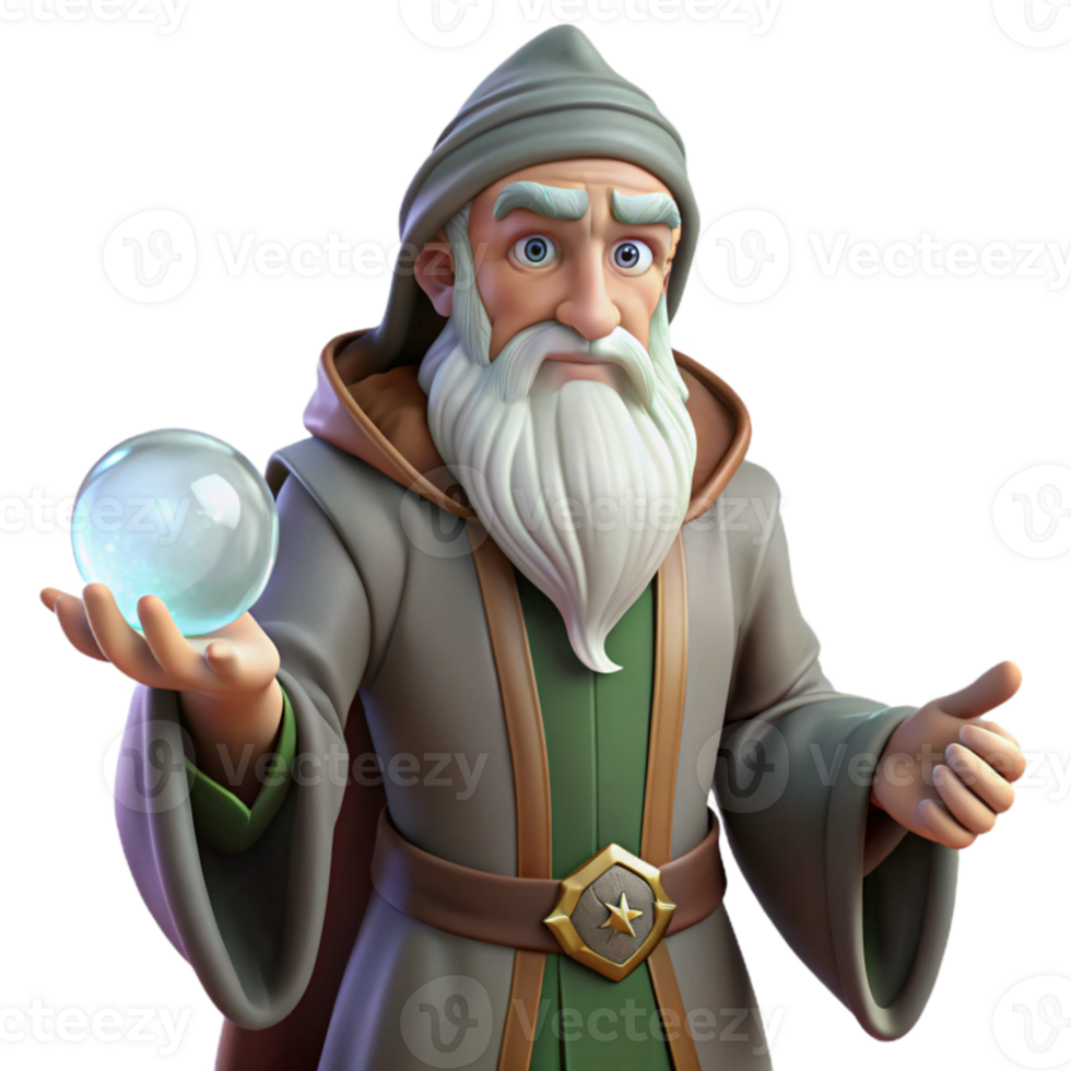 serene classic A wise old wizard with a long white beard, holding a glowing crystal ball. Renaissance painting style authentic png