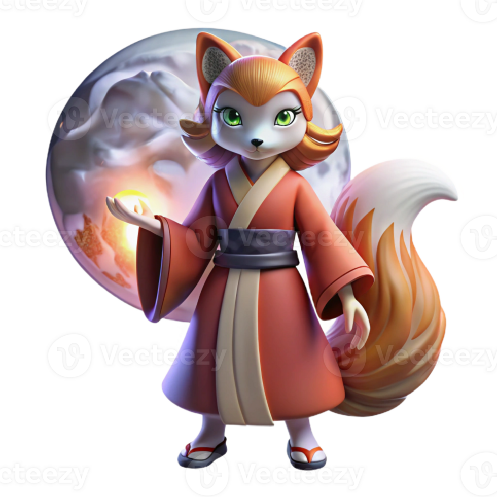 wonderful creative A cunning Kitsune transforming from a fox into a beautiful woman, under the light of a full moon, in a traditional Japanese style genuine png