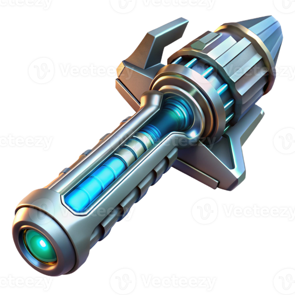 elegant vintage A futuristic weapon, sleek and metallic, glowing energy core, intricate engravings, high-tech design style high quality png