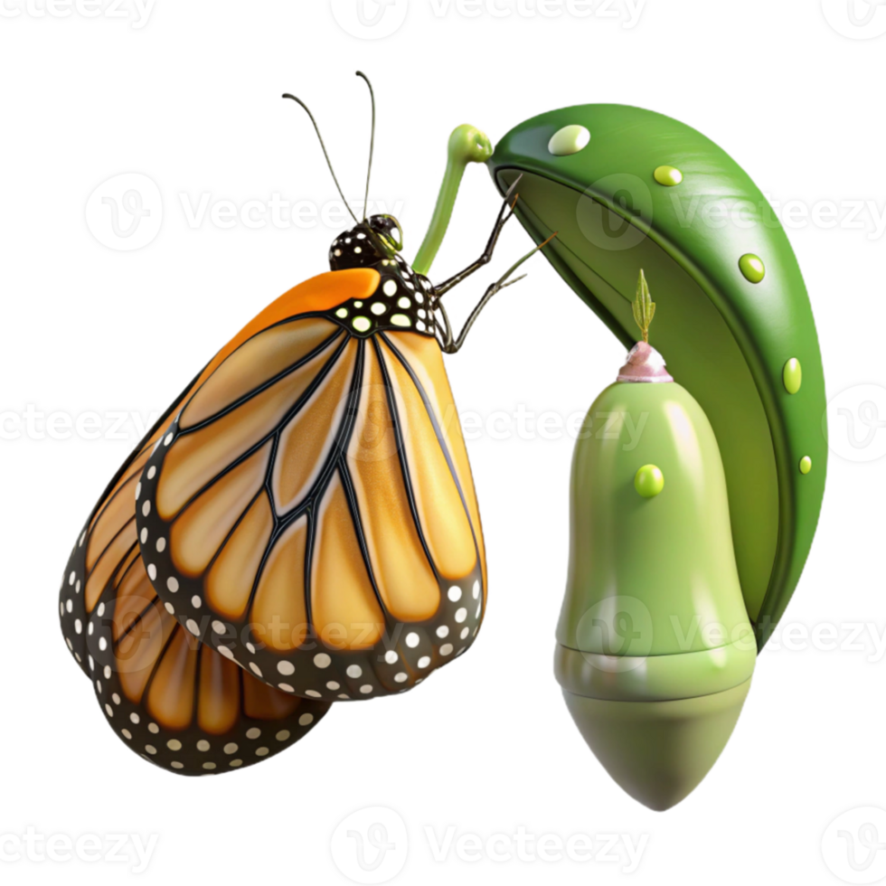 impressive classic A monarch butterfly emerging from its chrysalis, wings still wet, macro photography, soft, natural lighting high resolution png
