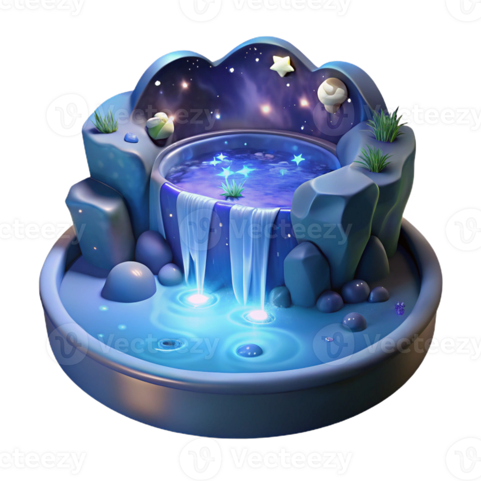 impressive creative A cascading waterfall of liquid starlight flowing into a crystal-clear pool, reflecting a constellation of twinkling stars, under a twilight sky. Surrealism style high resolution png