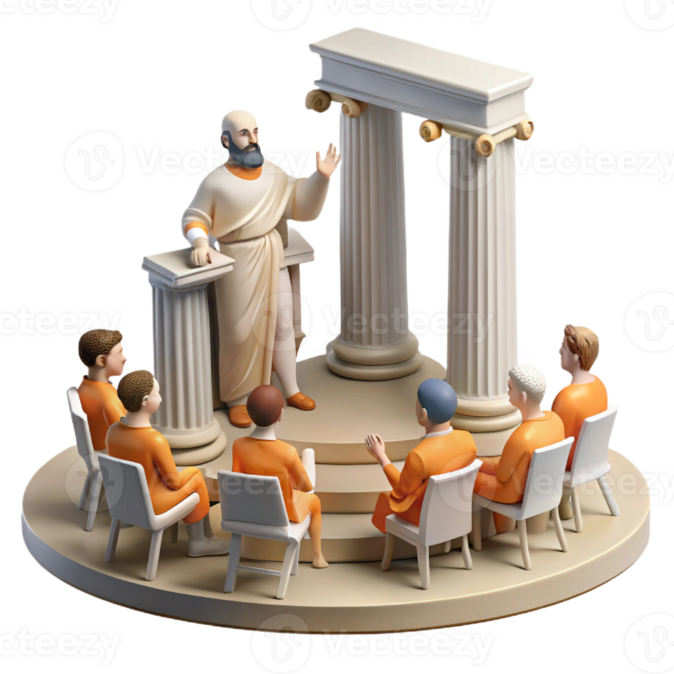 elegant artistic An ancient Greek philosopher lectures his students in an open-air amphitheater, bright, natural lighting, classical sculpture style premium png