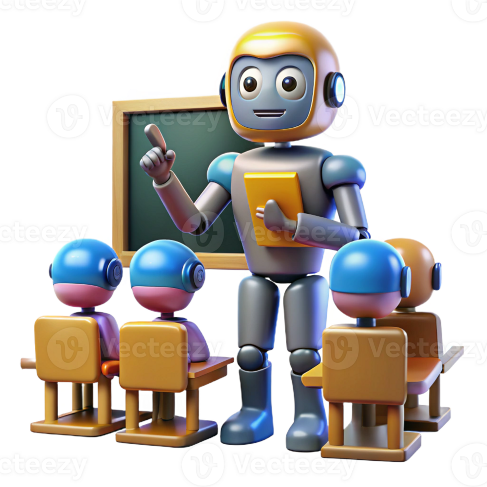 magnificent minimalist A robot teacher instructing a class of robot students, lit by bright classroom lights in a cartoon style genuine png