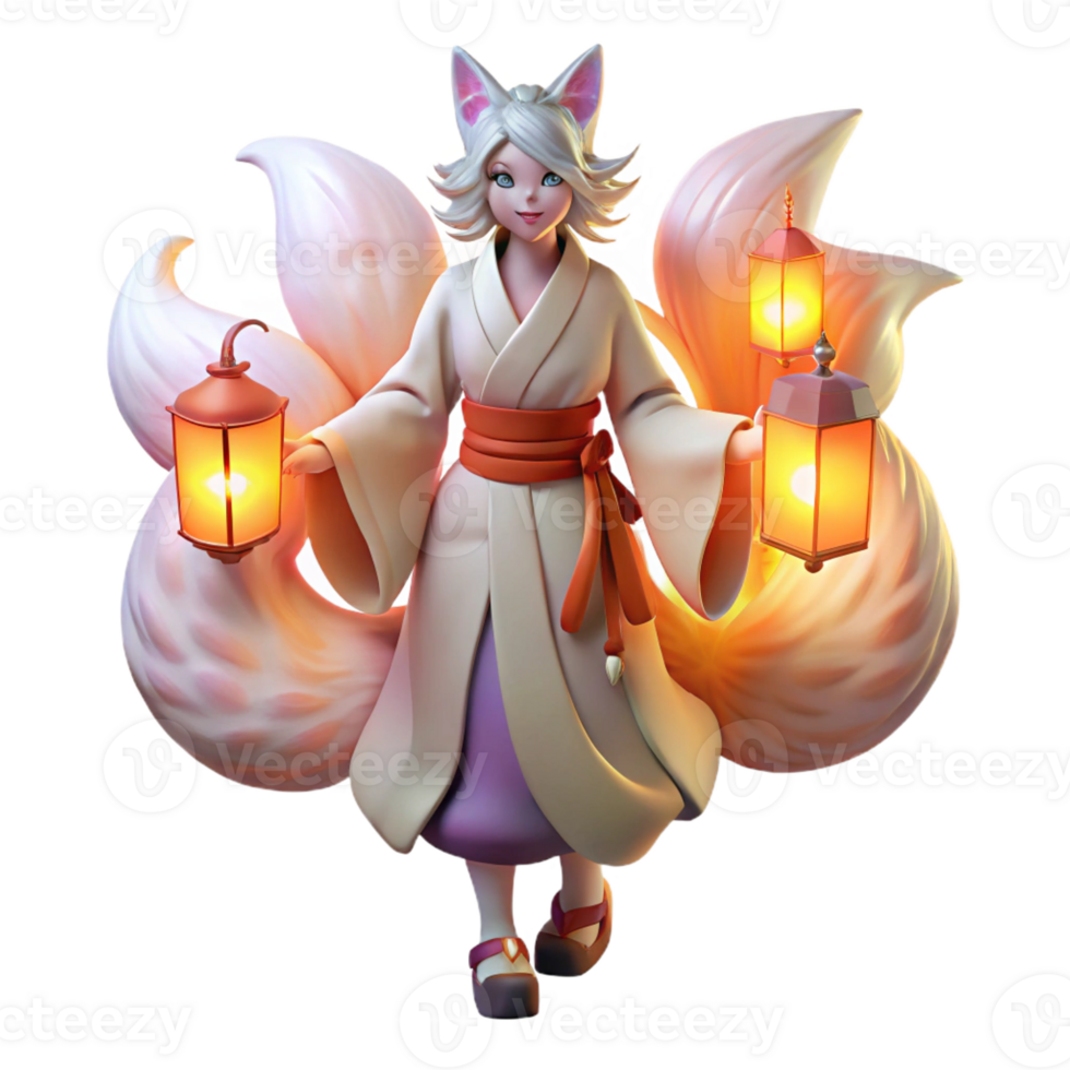elegant rustic A cunning kitsune with nine flowing tails, transforming into a beautiful woman, lit by the soft glow of paper lanterns, in a Japanese woodblock print style premium png