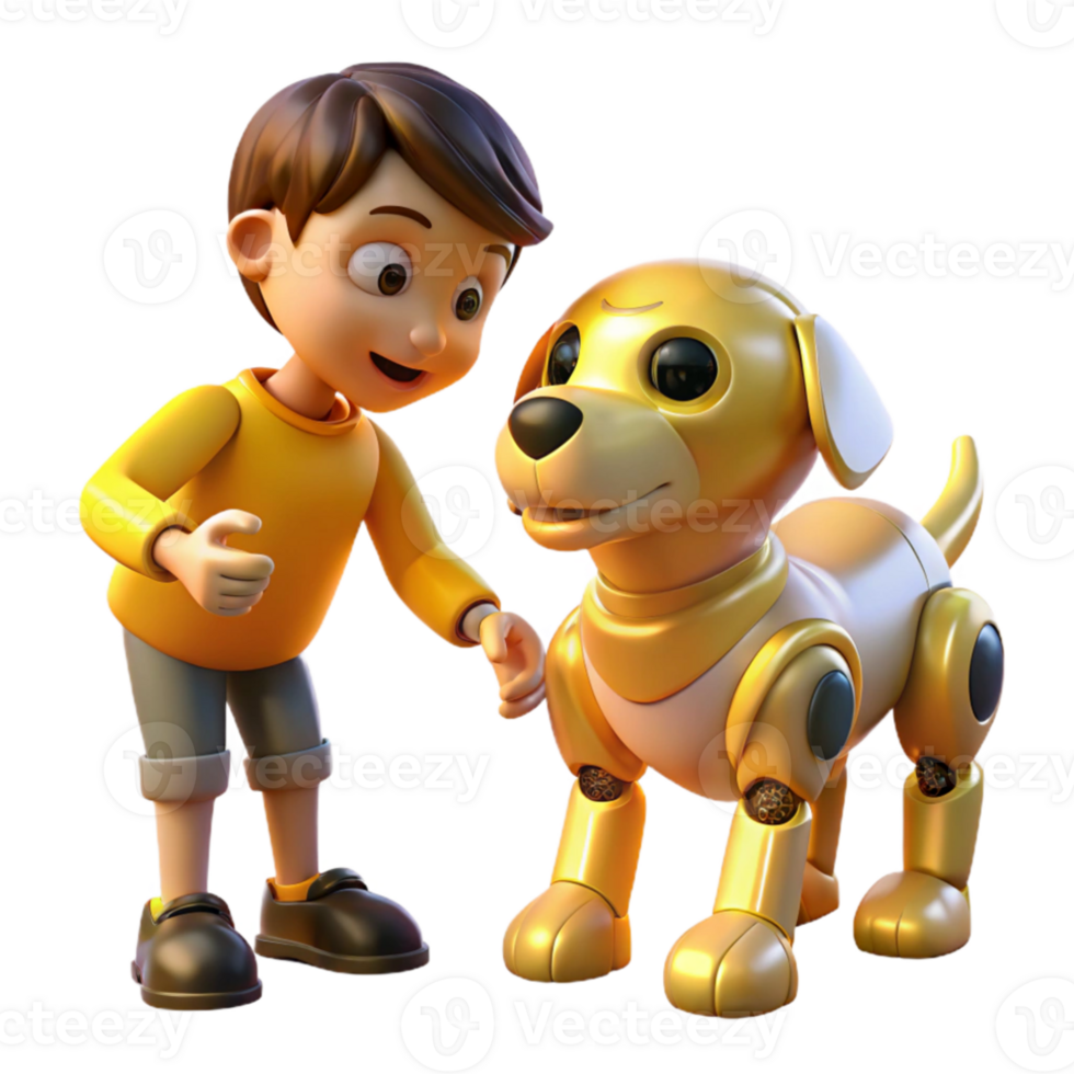 dramatic rustic A robotic dog interacting with a child, warm yellow lighting, playful style authentic png