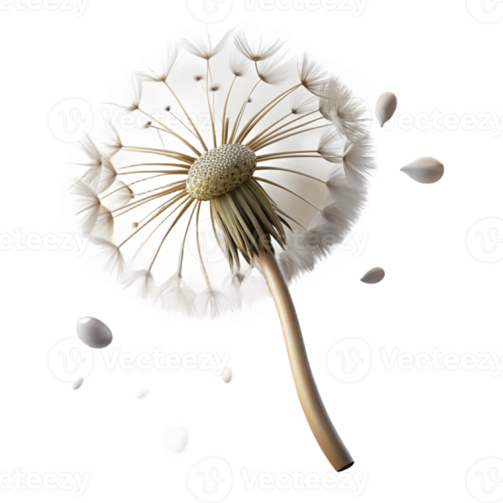 vibrant rustic A single dandelion seedhead with seeds blowing in the wind, ethereal lighting, dreamy style, macro photography detailed png