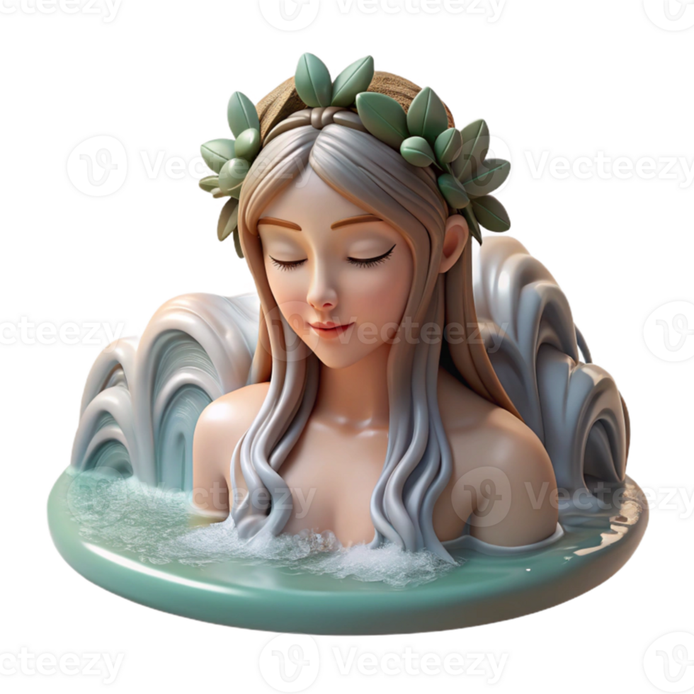 serene creative A beautiful nymph bathing in a waterfall, her hair cascading down her back. Soft, natural lighting. Pre-Raphaelite style professional png