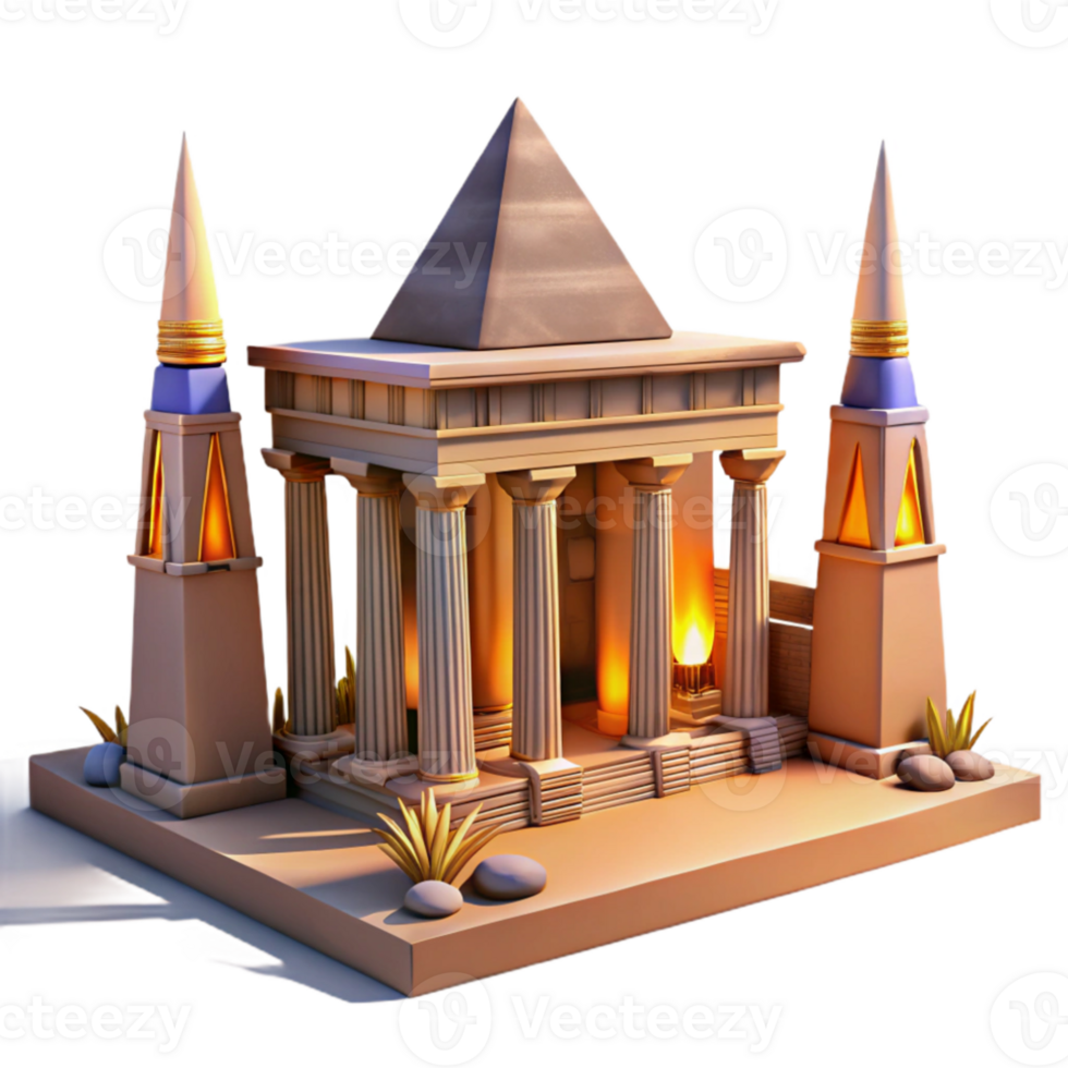 magnificent creative Ancient Egyptian temple, hieroglyphic carvings, towering obelisks, desert sunset lighting, historical illustration style professional png