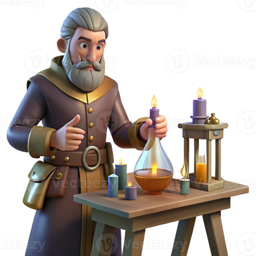 wonderful minimalist A medieval alchemist works in his laboratory, flickering candlelight, fantasy painting style high resolution png
