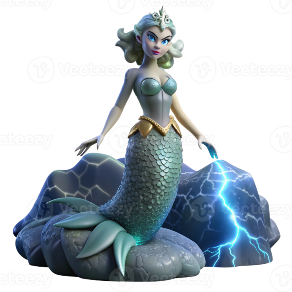 wonderful classic An elegant siren with shimmering scales and hypnotic eyes, perched on a jagged rock amidst a stormy sea, lit by dramatic lightning, in a Romantic painting style detailed png