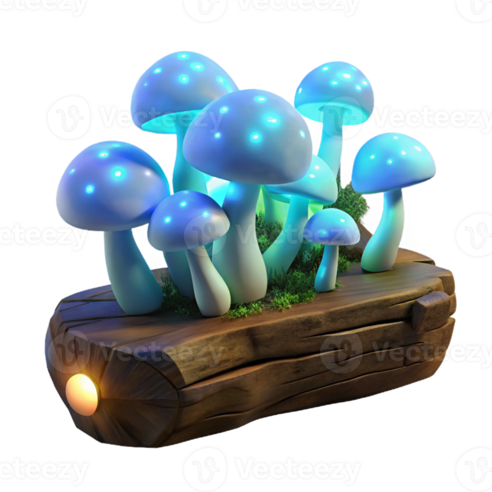 dramatic rustic A cluster of bioluminescent mushrooms growing on a fallen log in a dark forest, emitting a soft, ethereal glow, volumetric lighting. Fantasy art style detailed png