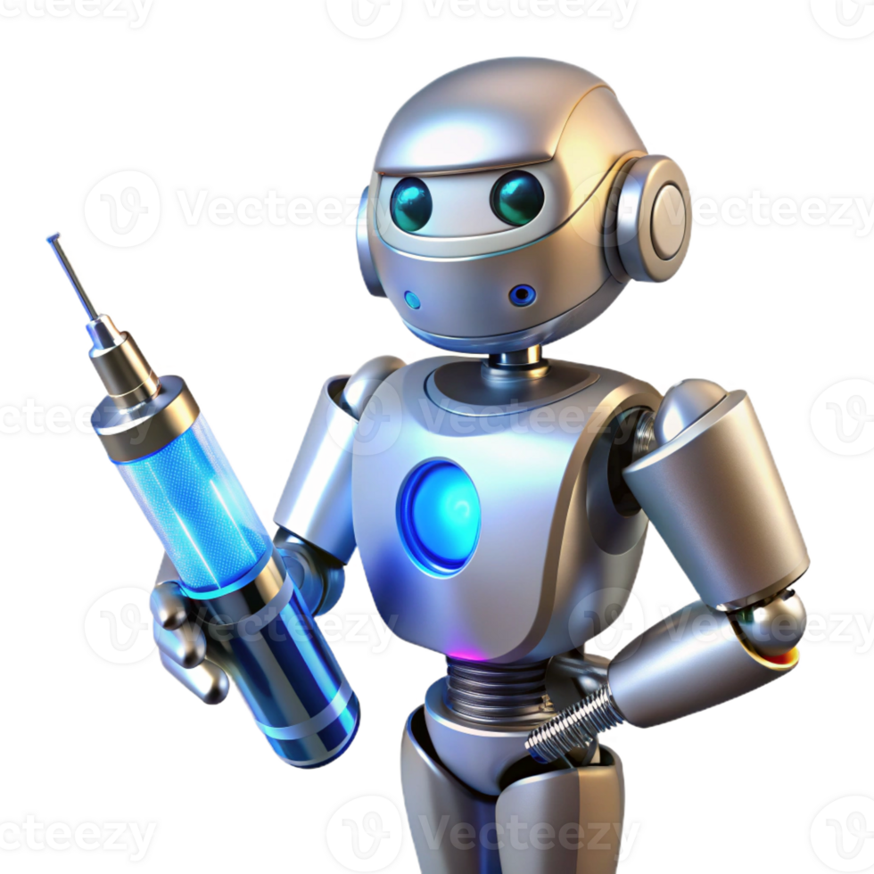 serene rustic A sleek, chrome medical robot with articulated arms, holding a glowing blue syringe, lit by cool, clinical fluorescent lights in a hyperrealistic style professional png