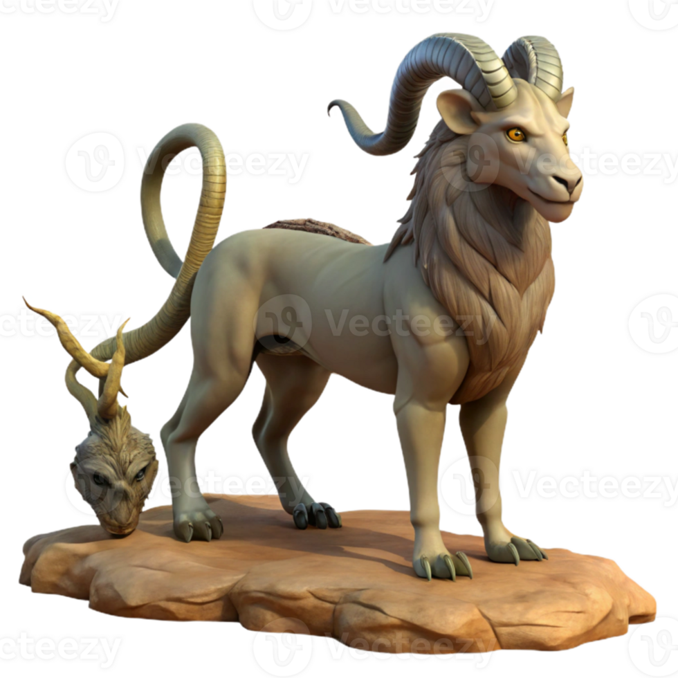 impressive modern A mysterious chimera, with the head of a lion, the body of a goat, and the tail of a serpent, standing in a desolate landscape, surrealist art style, harsh lighting original png