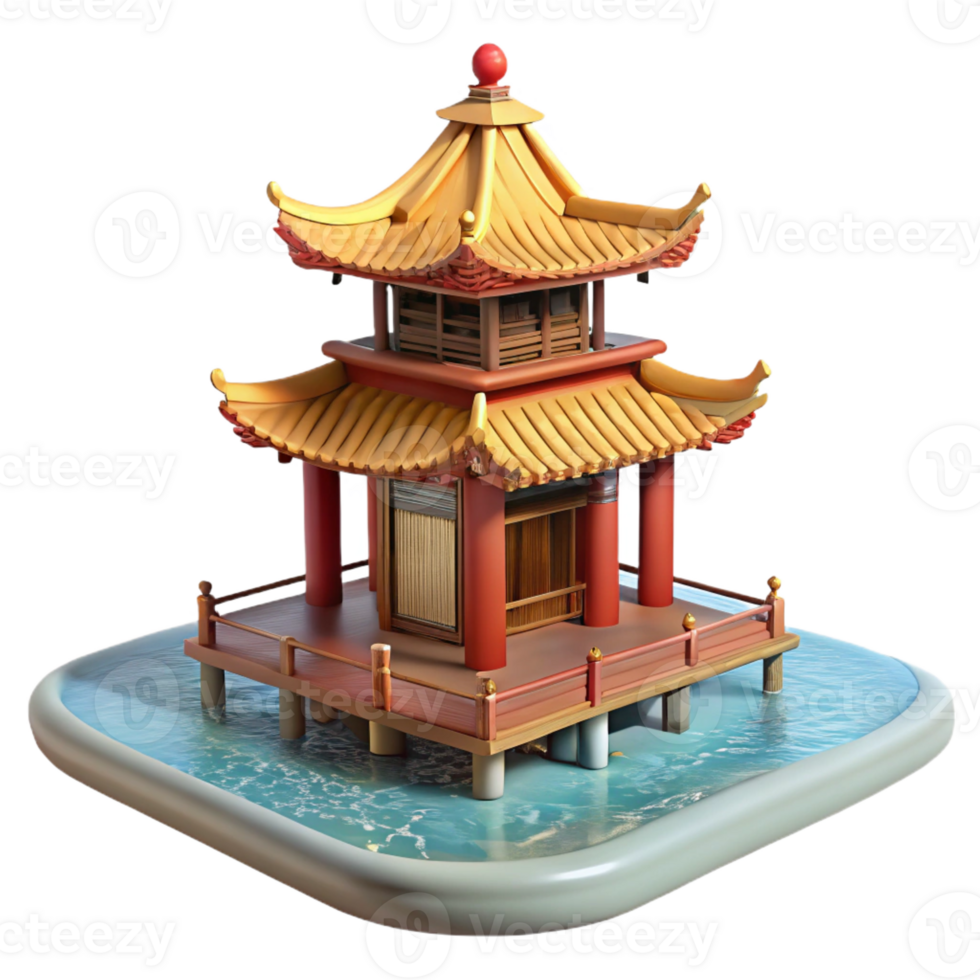 elegant creative A floating pagoda in a serene lake, traditional Asian architecture, tranquil atmosphere 4K png