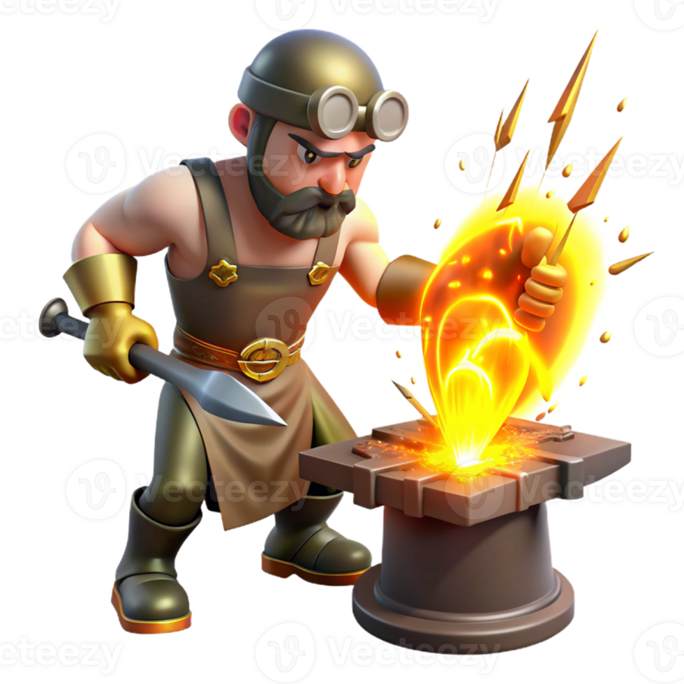 magnificent vintage A powerful cyclops, forging a lightning bolt in his fiery forge, sparks flying around him. Intense, fiery lighting. Baroque style authentic png