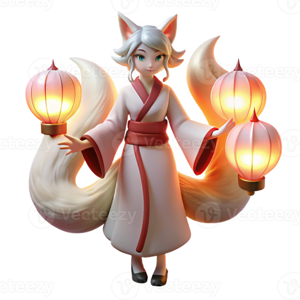 serene rustic A cunning kitsune with nine flowing tails, transforming into a beautiful woman, lit by the soft glow of paper lanterns, in a Japanese woodblock print style high resolution png