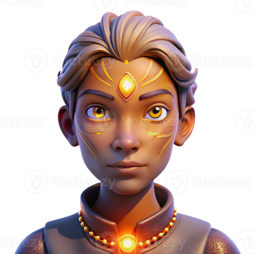 dramatic creative Portrait of a person with glowing eyes and intricate henna tattoos, lit by soft, mystical light, in a bohemian style high quality png