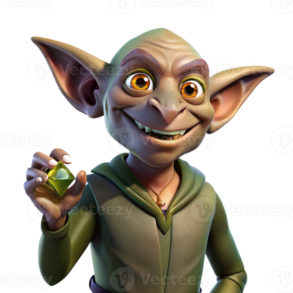 vibrant traditional A mischievous goblin, with pointed ears and a sly grin, holding a stolen jewel, fantasy art style, dimly lit detailed png