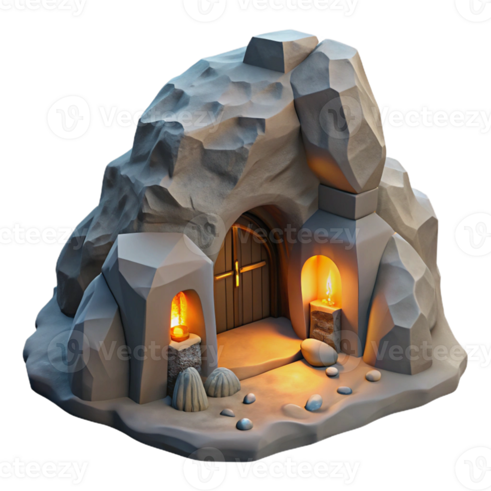 dramatic modern Subterranean dwelling, carved into rock face, minimal lighting from internal sources, post-apocalyptic concept art style high quality png