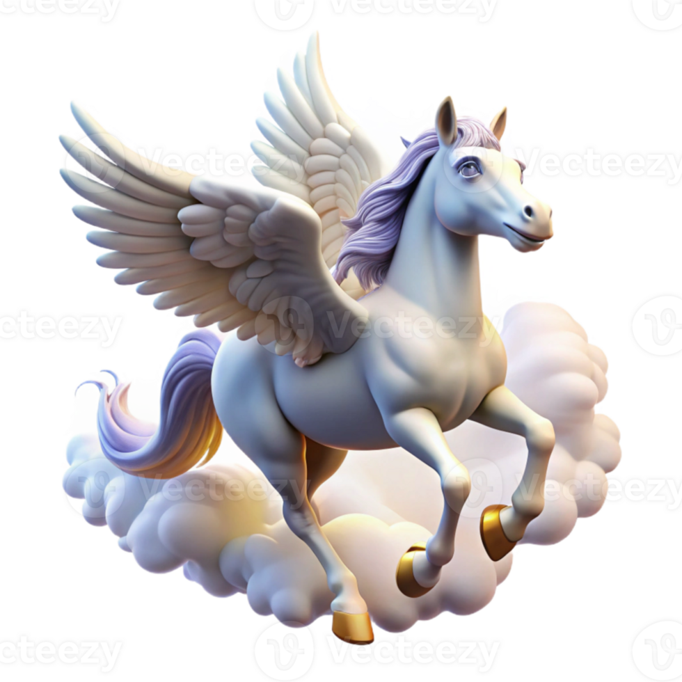 dramatic modern A winged Pegasus soaring through the clouds, its white coat shimmering in the sunlight, in a majestic, fantasy art style premium png