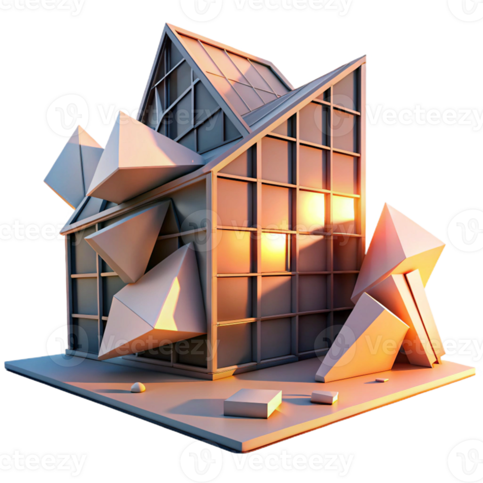 wonderful rustic Deconstructivist office building, tilted planes, fragmented forms, sunset lighting, dramatic shadows, abstract style high quality png