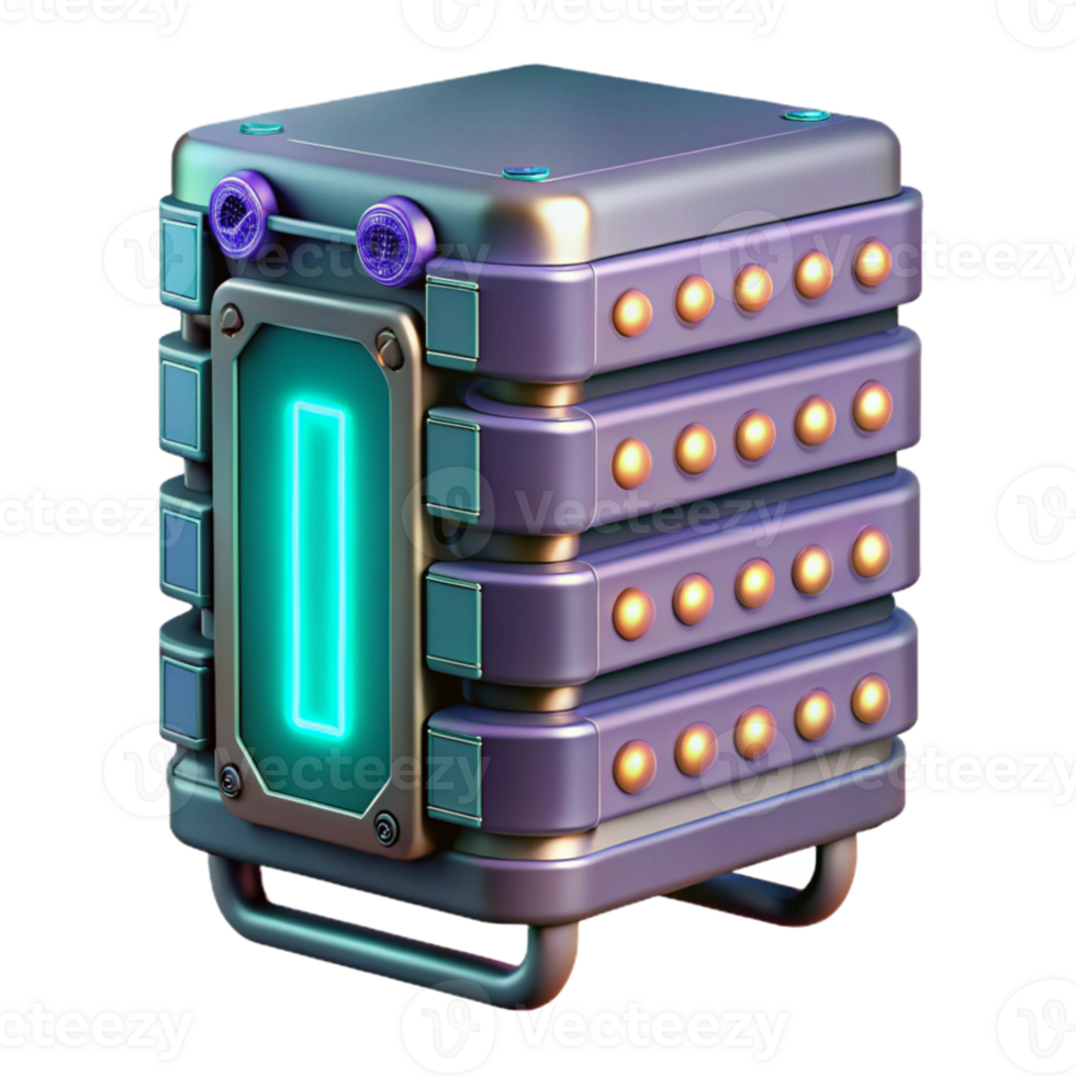 vibrant abstract A futuristic server rack with blinking lights and intricate wiring, dark background, cyberpunk style 4K png