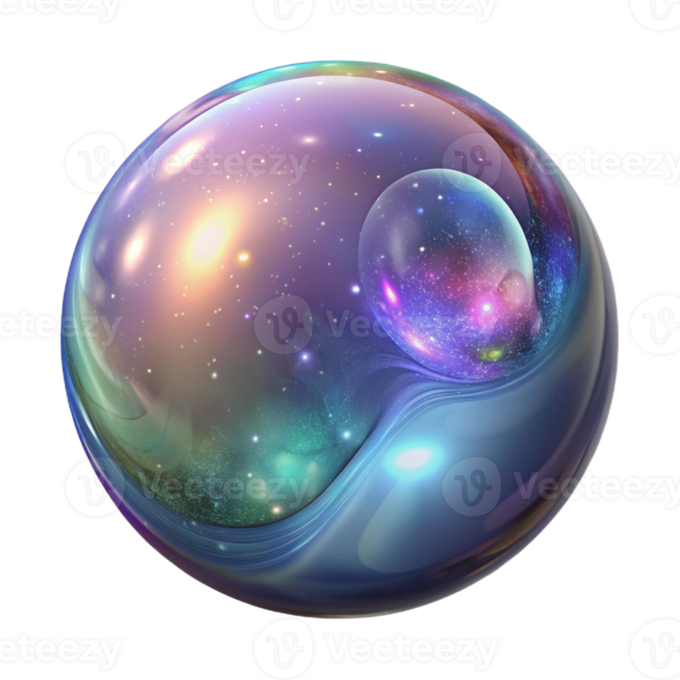 dramatic abstract A giant, iridescent soap bubble filled with swirling galaxies and nebulae, lit by a soft, cosmic glow, Space Art style high quality png