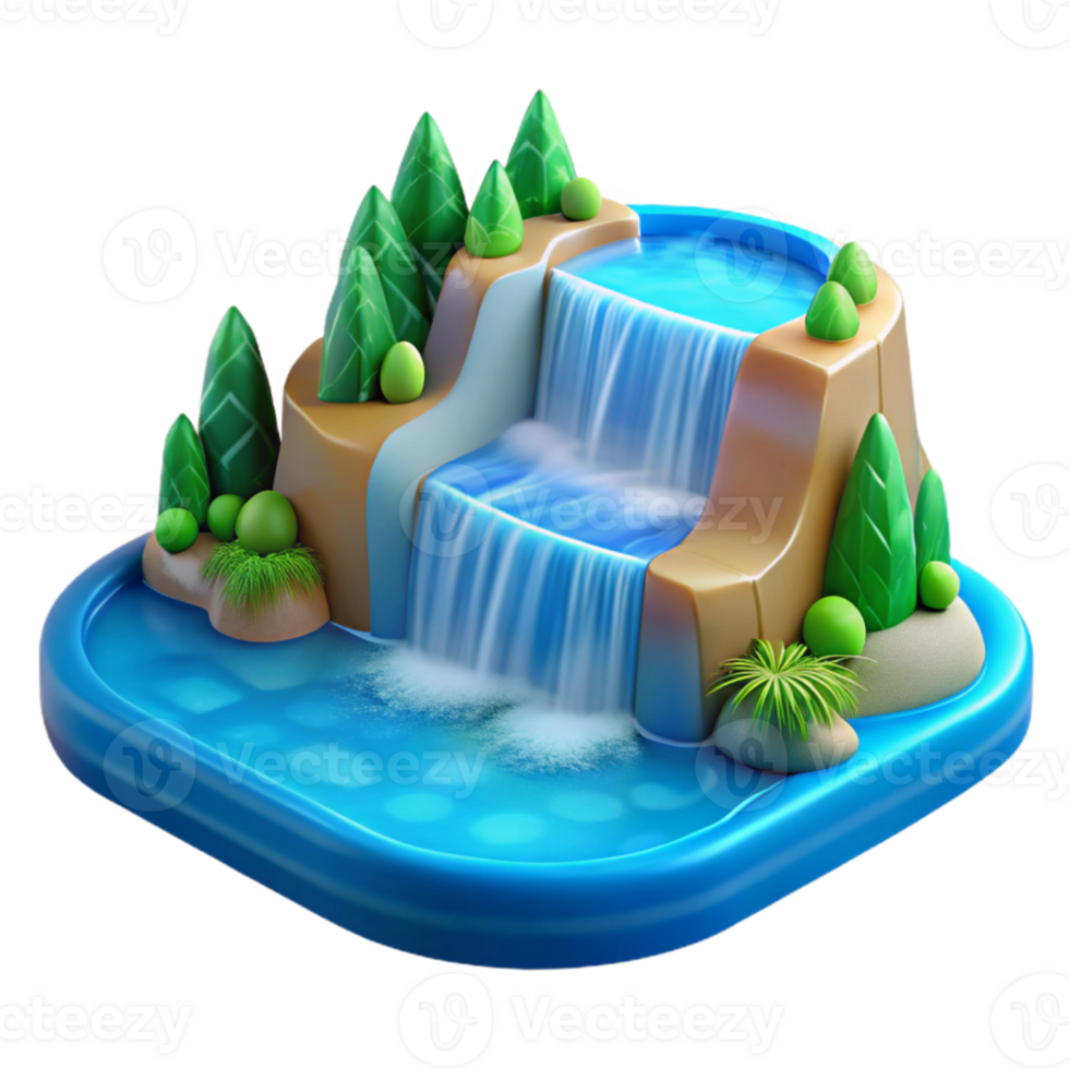 beautiful classic A cascading waterfall, flowing into a crystal-clear pool, vibrant greens and blues, realistic rendering authentic png